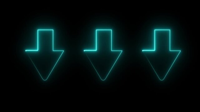 Glowing colorful neon light arrows on black background. Animation of seamless loop. down arrow ,4K Video motion graphic.animation of glowing colorful neon arrows