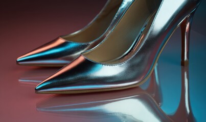 A pair of silver high heels with a shiny finish