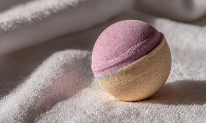 A pink and yellow bath bomb sits on a white towel