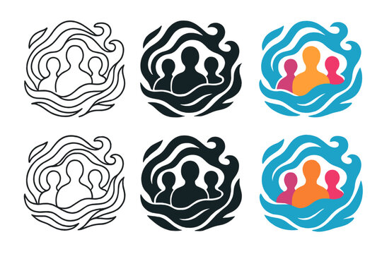 Imaginative Abstract Figures. Abstract group of figures surrounded by swirling waves of imagination, shared delusion concept,