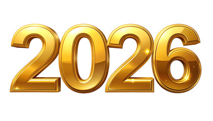Golden 2026 3D Number Text Isolated on a White Background &ndash; Shiny Metallic New Year Design
