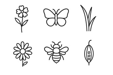 Meadow Flora Icons. Line style icons of Meadow Flora: wildflower, butterfly, grass blade, daisy, bee, seed pod. No text, No labels