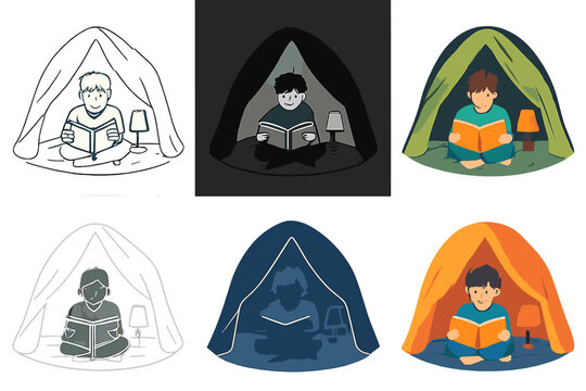 Reading in Blanket Fort. Abstract composition combining cherry, arc, and motion dots, representing joy and physics in playful