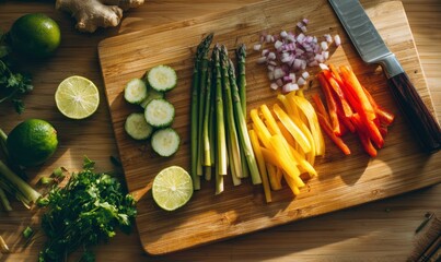 A wooden cutting board with a variety of vegetables including asparagus, peppers