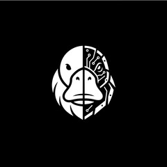 A striking white illustration of a duck's head, split down the middle, with one half featuring organic feathers and the other half a complex circuit board design.