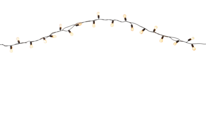 Arch of illuminated vintage light bulbs on black wire string over transparent background decoration