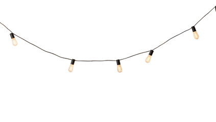 Simple string of illuminated light bulbs with dark wires hanging against a transparent background