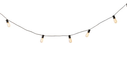 Simple string of illuminated light bulbs with dark wires hanging against a transparent background