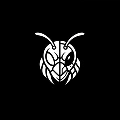 Stylized white outline of an insect head, resembling a bee or wasp, on a black background, graphic logo design.