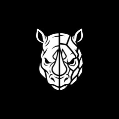 A striking white rhinoceros head logo with a geometric, fragmented design on a black background.