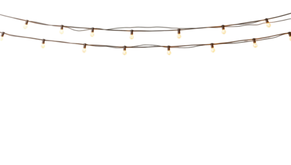 Strings of luminous hanging light bulbs illuminate a transparent background creating a festive and warm atmosphere