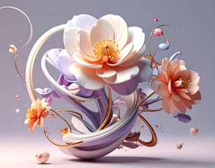 Whimsical floral arrangement, pastel colors, flowing ribbons, delicate design