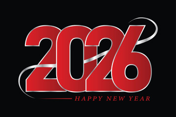 Elegant Red 2026 Happy New Year Design with Metallic Silver Accents on Black Background
