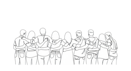 Diverse stylized young adult friends forming an interconnected one-line black vector drawing, embracing each other, isolated on a white background with ample copy space. concept of friendship and