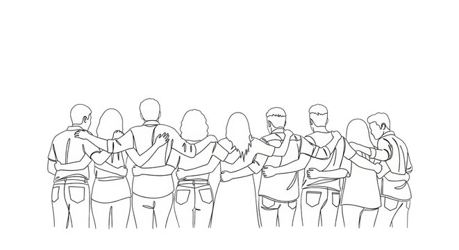 Diverse stylized young adult friends forming an interconnected one-line black vector drawing, embracing each other, isolated on a white background with ample copy space. concept of friendship and