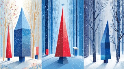 Geometric Shapes Represent Christmas Trees in a Snowy Forest With Trees and Snowfall During Winter Season in a Festive Setting