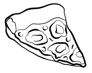 Vector icon with a slice of pepperoni pizza with cheese edges and tomatoes. Isolated doodle sketch illustration with piece of pizza.