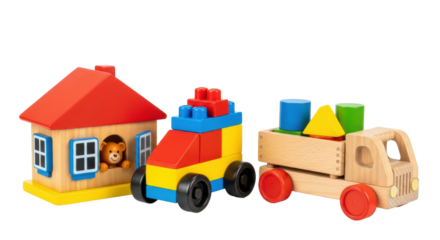 Three classic children's toys—wooden house, plastic constructor car, truck with blocks—on a reflective white studio background with copy space, early childhood education concept