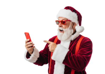 Robust elderly man wearing a crimson velvet santa suit, red mirrored sunglasses, pointing excitedly next to copy space on a high-key white studio background, commercial christmas advertising concept