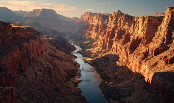 A river runs through a canyon with mountains in the background