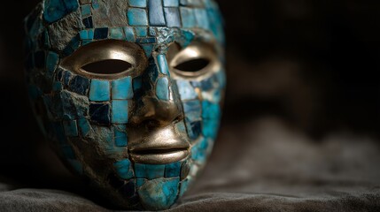A detailed look at an Aztec ceremonial mask made of turquoise mosaic and obsidian, photographed on black velvet to highlight its craftsmanship and spiritual significance — ancient artistry, sacred