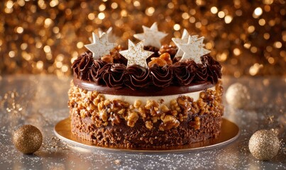 A chocolate cake with nuts and stars on top