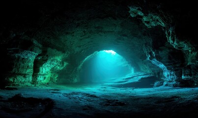 A cave with a blue light shining through it