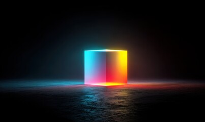 A cube with neon colors is lit up in the dark