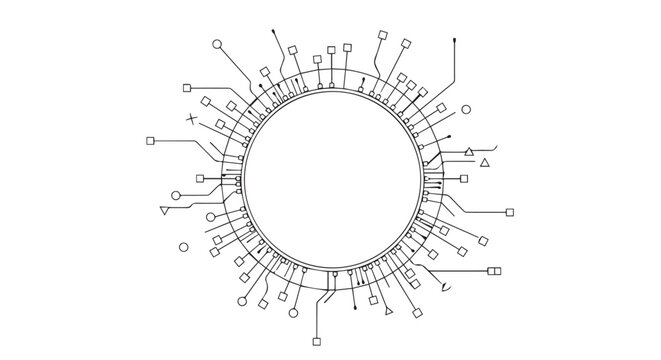 Radial circular diagram showing a network of labeled nodes around a central empty circle with interconnected spokes.