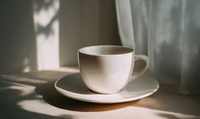 Fototapeta premium A white coffee cup sits on a white saucer