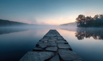 A bridge over a body of water with fog in the background