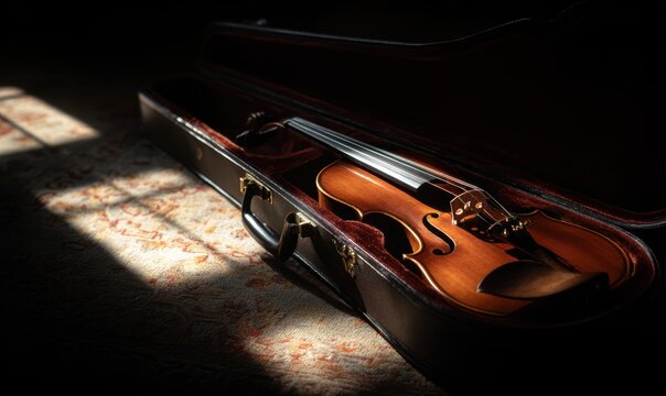A violin is sitting in a brown case - Powered by Adobe