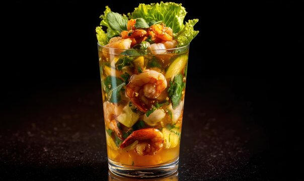 A glass of shrimp and vegetables