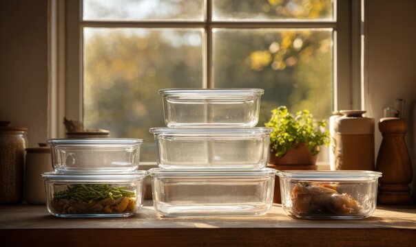 A stack of clear glass containers with a green plant in the middle