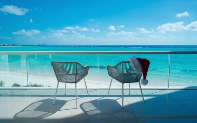 Fototapeta premium Tropical Christmas Vacation on Sunny Beach Balcony with Aqua Ocean View and Santa Hat on Chair