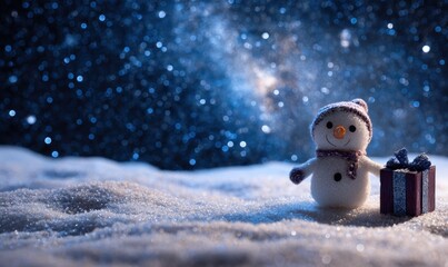 Obraz premium A snowman is standing on a snowy field with a box in front of him