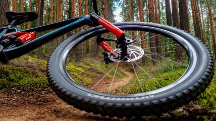 Close-up of Mountain Bike Tire on Dirt Path in Forest: Outdoor Fitness, Off-Road Cycling Adventure, and Healthy Lifestyle