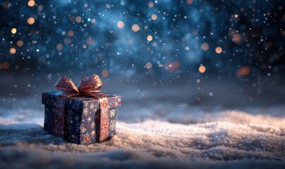 A blue and red box with a bow on top of the snow