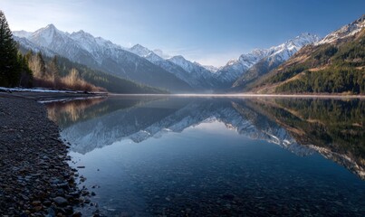 A mountain range is reflected in the water