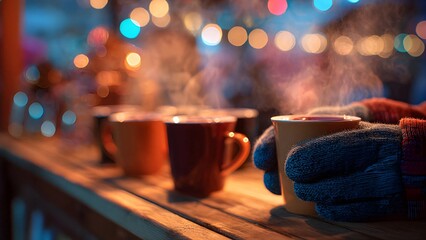 Person holding a cup of steaming hot mulled win gl&uuml;hwein or gl&ouml;gg at an outdoor winter market or festival. Cup of mulled wine in a bar on blur bokeh background. Mulled spiced wine, beer pong.