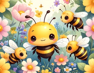 Whimsical illustration of four cute bees among colorful blooming flowers
