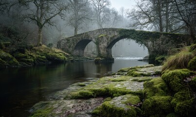 Fototapeta premium A bridge over a river with moss growing on the rocks