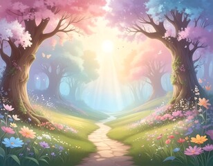 Whimsical forest scene with a path and vibrant pastel colors