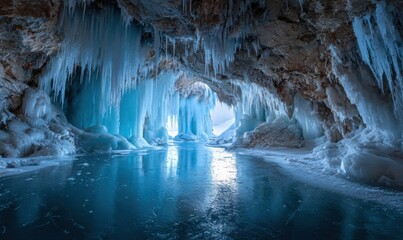 A large cave with ice formations hanging from the ceiling