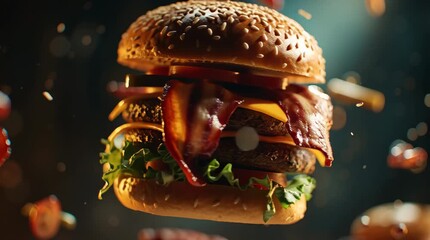 Delicious double cheeseburger with bacon and lettuce floating in the dark with bokeh