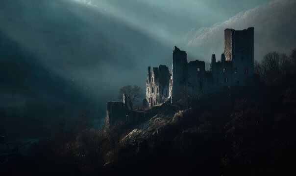 A castle is on a hill with a foggy sky