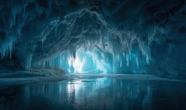 A large cave with ice hanging from the ceiling - Powered by Adobe