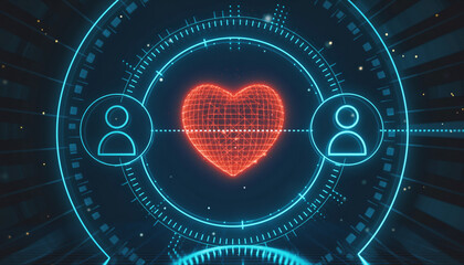 Digital Heartbeat: The digital heart glows brightly amidst an abstract, futuristic representation of human connection. The image symbolizes the intersection of technology and human emotion.