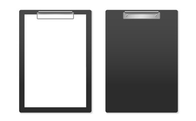 Realistic clipboard mockup with paper sheet and without. Paper on black board with holder for document, office, presentation. Vector illustration