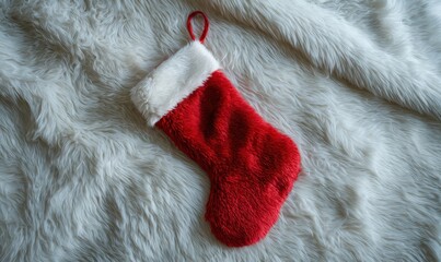 A red stocking sits on a white fur rug